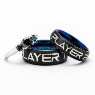 3 Piece Couple Set Wedding Rings, Gamer Rings, Player 1 Player 2 Rings, Black Wedding Bands, Black Tungsten Bands, Black Wedding Rings, Black Tungsten Wedding Rings