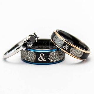 3 Piece Couple Set Custom Fingerprint Rings, Fingerprint Wedding Rings, Fingerprint Wedding Bands, Black Wedding Bands, Black Wedding Rings, Black Tungsten Rings
