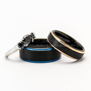 3 Piece Couple Set Black Tungsten Rings, Black Tungsten Wedding Rings, Black Wedding Bands, Black Wedding Rings, Tungsten Wedding Rings, Black Rings