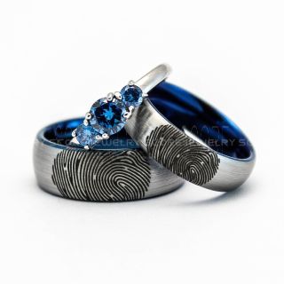 3 Piece Couple Set Fingerprint Rings, Fingerprint Wedding Bands, Silver Tungsten Bands, Silver Wedding Rings, Silver Tungsten Wedding Rings
