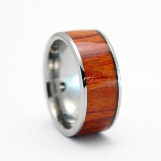 Koa Wood Ring, Koa Wood Wedding Band, 10mm Silver Tungsten Band with Flat Edge Koa Wood Inlay 10mm Koa Wood Tungsten Wedding Ring