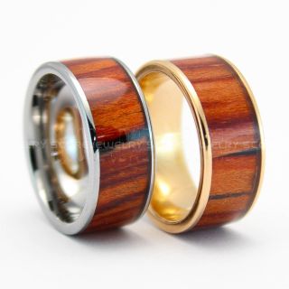 2 Piece Couple Set Koa Wood Rings, Koa Wood Wedding Bands, 10mm Silver & 14K Rose Gold Tungsten Bands with Flat Edge Koa Wood Inlay 10mm Koa Wood Tungsten Wedding Rings