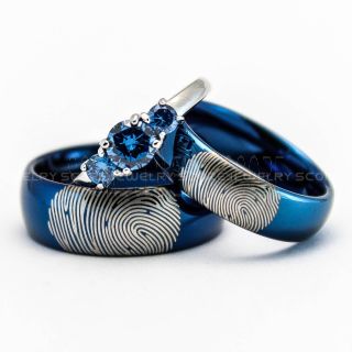 3 Piece Couple Set Fingerprint Rings, Fingerprint Wedding Bands, Blue Tungsten Bands, Blue Wedding Rings, Blue Tungsten Wedding Rings