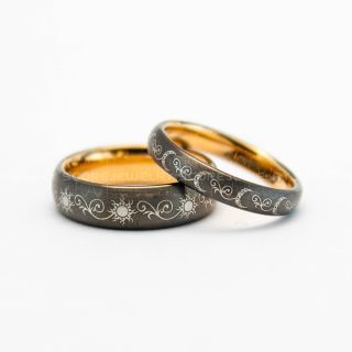 2 Piece Couple Tribal Sun and Moon Rings, Sun and Moon Wedding Bands, Tribal Sun and Moon Rings, Gunmetal Rings, Gunmetal Tungsten Bands, Sun and Moon Wedding Bands