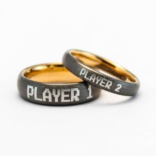 Player 1 Player 2 Rings, Gamer Rings, Gunmetal Tungsten Rings, Gunmetal Wedding Bands, Couple Ring Set Gamer Rings, Gunmetal Gamer Rings