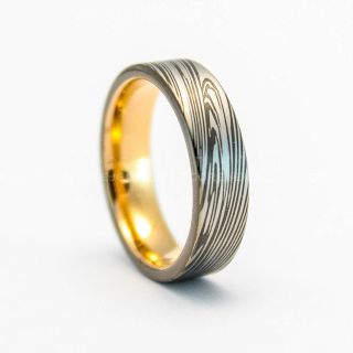 Gunmetal Ring, Damascus Steel Ring, Rose Gold Ring, Rose Gold Tungsten Band, Damascus Steel Pattern Laser Engraved Tungsten Wedding Ring
