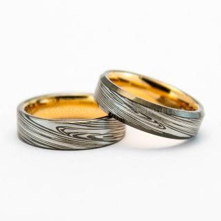 2 Piece Couple Set Damascus Steel Rings, Gunmetal Rings, Rose Gold Tungsten Bands Damascus Steel Pattern Laser Engraved Tungsten Wedding Rings
