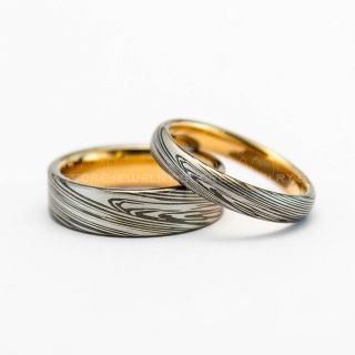 2 Piece Couple Set Damascus Steel Rings, Gunmetal Rings, Rose Gold Tungsten Bands Damascus Steel Pattern Laser Engraved Tungsten Wedding Rings