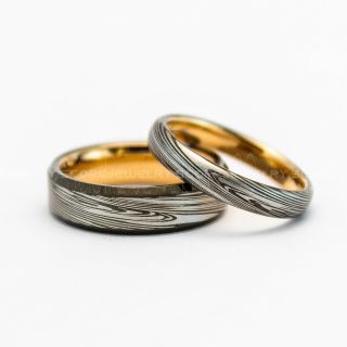 2 Piece Couple Set Damascus Steel Rings, Gunmetal Rings, Rose Gold Tungsten Bands Damascus Steel Pattern Laser Engraved Tungsten Wedding Rings