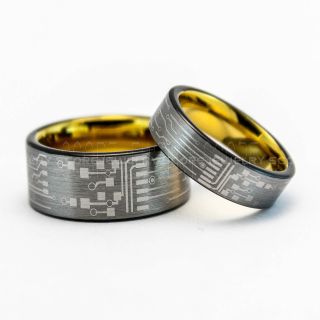 2 Piece Couple Set Circuit Board Rings, Circuit Board Rings, Silver Tungsten Rings, Silver Rings, Silver Tungsten Wedding Bands, Geek Rings, Geek Jewelry, Silver Wedding Rings
