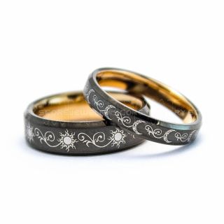 2 Piece Couple Tribal Sun and Moon Rings, Sun and Moon Wedding Bands, Tribal Sun and Moon Rings, Gunmetal Rings, Gunmetal Tungsten Bands, Sun and Moon Wedding Bands