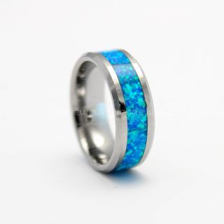 Opal Ring, Blue Opal Ring, Silver Tungsten Band with Opal Inlay, Opal Wedding Band, Opal Wedding Ring, Silver Tungsten Ring