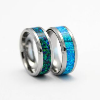 2 Piece Couple Set Opal Rings, Blue Opal Ring, Green Opal Ring, Silver Tungsten Bands with Opal Inlay, Opal Wedding Bands, Opal Wedding Rings, Silver Tungsten Rings