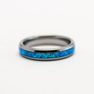Opal Ring, Blue Opal Ring, Silver Tungsten Band with Opal Inlay, Opal Wedding Band, Opal Wedding Ring, Silver Tungsten Ring