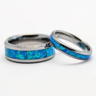 2 Piece Couple Set Opal Rings, Blue Opal Rings, Silver Tungsten Bands with Opal Inlay, Opal Wedding Bands, Opal Wedding Rings, Silver Tungsten Rings