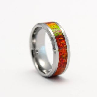 Opal Ring, Red Opal Ring, Silver Tungsten Band with Opal Inlay, Opal Wedding Band, Opal Wedding Ring, Silver Tungsten Ring