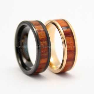 2 Piece Couple Set Koa Wood Rings, Koa Wood Wedding Bands, 6mm Black & 14K Rose Gold Tungsten Bands with Flat Edge Koa Wood Inlay 6mm Koa Wood Tungsten Wedding Rings