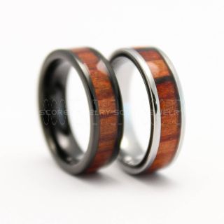 2 Piece Couple Set Koa Wood Rings, Koa Wood Wedding Bands, 6mm Black & Silver Tungsten Bands with Flat Edge Koa Wood Inlay 6mm Koa Wood Tungsten Wedding Rings