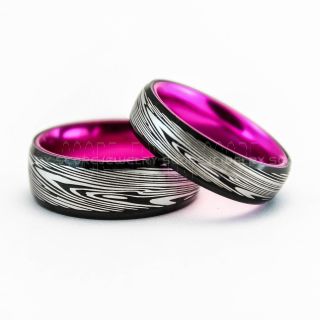 2 Piece Couple Set Damascus Steel Rings, Damascus Steel Pattern Wedding Bands, Black Wedding Bands, Black Tungsten Rings, Black Wedding Rings