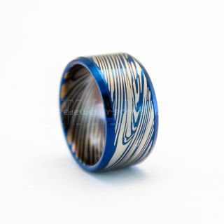 Damascus Steel Ring, Blue Tungsten Ring, Blue Tungsten Band, Damascus Steel Pattern Laser Engraved Tungsten Wedding Ring, Damascus Steel Wedding Band