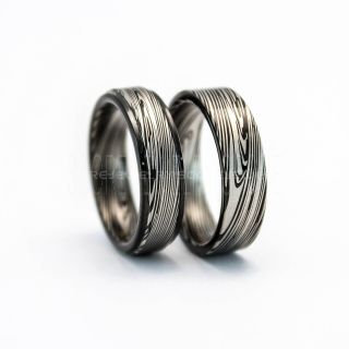 2 Piece Couple Set Damascus Steel Rings, Black Tungsten Rings, Black Tungsten Bands, Damascus Steel Pattern Laser Engraved Tungsten Wedding Rings, Damascus Steel Wedding Bands