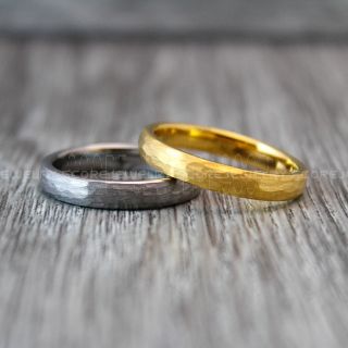 Hammered Rings, Hammered Tungsten Rings, 2 Piece Couple Set Hammered Ring, Yellow Gold Wedding Bands, Silver Hammered Tungsten Bands, Yellow Gold Wedding Rings, Silver Tungsten Wedding Rings