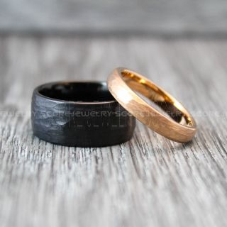 Hammered Rings, Hammered Wedding Bands, 2 Piece Couple Set Hammered Rings, Rose Gold Wedding Bands, Black Hammered Tungsten Bands, Rose Gold Wedding Rings, Black Tungsten Wedding Rings