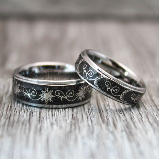Sun and Moon Rings, Sun Ring, Moon Ring, 2 Piece Couple Tribal Sun and Moon Rings, Sun and Moon Wedding Bands, Tribal Sun and Moon Rings, Black Tungsten Bands, Sun and Moon Wedding Bands