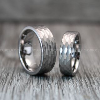 Hammered Rings, Hammered Wedding Bands, 2 Piece Couple Set Hammered Rings, Silver Wedding Bands, Silver Hammered Tungsten Bands, Silver  Wedding Rings, Silver Tungsten Wedding Rings