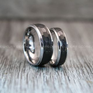 Hammered Rings, Hammered Wedding Bands, 2 Piece Couple Set Hammered Rings, Black Wedding Bands, Black Hammered Tungsten Bands, Black Wedding Rings, Black Tungsten Wedding Rings