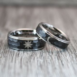 Sun and Moon Rings, Sun Ring, Moon Ring, 2 Piece Couple Tribal Sun and Moon Rings, Sun and Moon Wedding Bands, Tribal Sun and Moon Rings, Black Tungsten Bands, Sun and Moon Wedding Bands