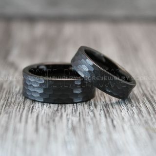 Hammered Rings, Hammered Wedding Bands, 2 Piece Couple Set Hammered Rings, Black Wedding Bands, Black Hammered Tungsten Bands, Black Wedding Rings, Black Tungsten Wedding Rings