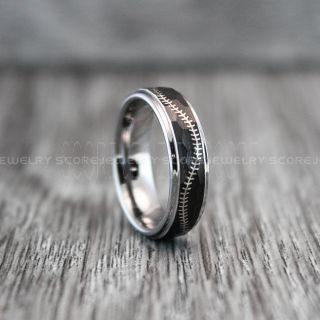 Baseball Ring, Baseball Stitch Pattern Wedding Band, Hammered Tungsten Ring, Hammered Wedding Band, 8mm Black Hammered Wedding Ring