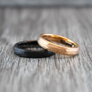 Hammered Rings, Hammered Wedding Bands, 2 Piece Couple Set Hammered Rings, Rose Gold Wedding Bands, Black Hammered Tungsten Bands, Rose Gold Wedding Rings, Black Tungsten Wedding Rings