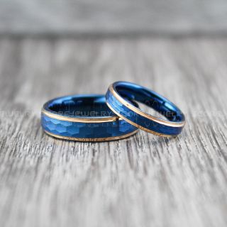 Hammered Rings, 2 Piece Couple Set Wedding Rings, Blue Wedding Bands, Blue Hammered Tungsten Bands, Blue Wedding Rings, Blue Tungsten Wedding Rings