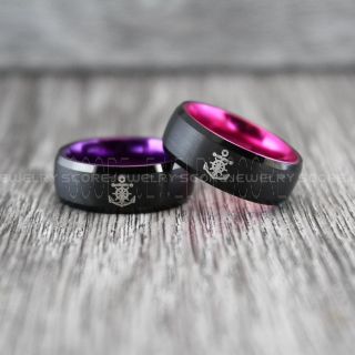 Nautical Rings, Ship Wheel Rings, Anchor Rings, 2 Piece Couple Set Anchor Wedding Rings, Black Wedding Bands, Black Tungsten Bands, Black Wedding Rings, Black Tungsten Wedding Rings