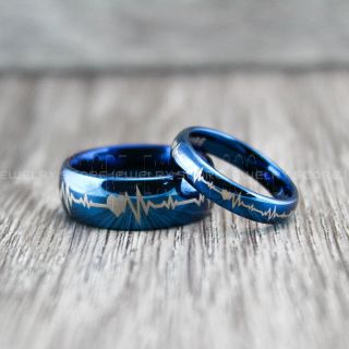 Couple Tungsten Ring Set, Blue Tungsten Rings, Heartbeat Rings, Heartbeat Couple Set Blue Tungsten Rings, Blue Wedding Bands