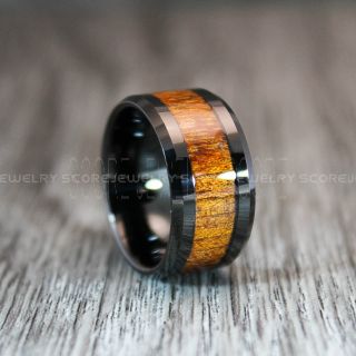 Koa Wood Ring, Koa Wood Wedding Band, 10mm Black Tungsten Band Koa Wood Inlay, Black Wedding Ring, Black Wedding Band, Black Wood Ring