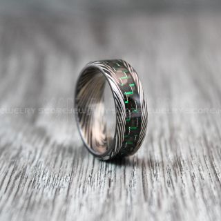Damascus Steel Ring, Damascus Steel Wedding Ring, Green Ring, Green Carbon Fiber Ring, Black Tungsten Ring, Black Wedding Band, Black Tungsten Wedding Ring