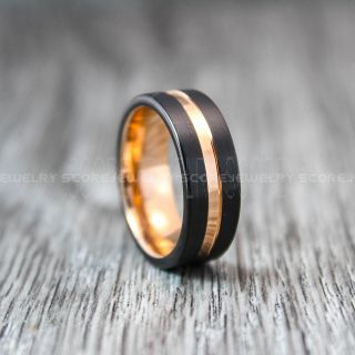 Rose Gold Ring, Rose Gold Wedding Band, Black Tungsten Ring, Black Tungsten Wedding Band with 14K Rose Gold Groove, Black Wedding Band, Black Wedding Ring, Black Tungsten Wedding Band
