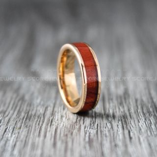 Koa Wood Ring, Koa Wood Wedding Band, 6mm 14K Rose Gold Tungsten Band with Beveled Edge Koa Wood Inlay, Koa Wood Tungsten Wedding Ring