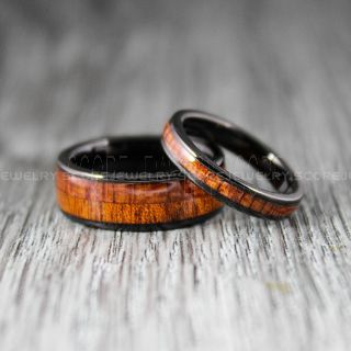 Koa Wood Rings, 2 Piece Couple Set Koa Wood Weddings Bands, Black Tungsten Bands Koa Wood Inlay, Black Wedding Rings, Black Wedding Bands, Black Wood Rings