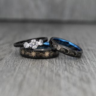 Sun and Moon Rings, Couple Rings, Sun and Moon Wedding Rings, Black Wedding Bands, Couple Jewelry