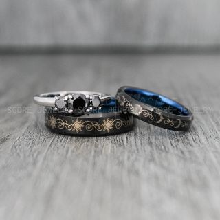 Sun and Moon Rings, Couple Rings, Sun and Moon Wedding Rings, Black Wedding Bands, Couple Jewelry