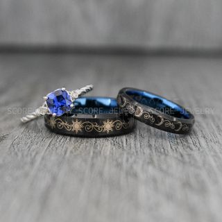 Sun and Moon Rings, Couple Rings, Sun and Moon Wedding Rings, Black Wedding Bands, Couple Jewelry