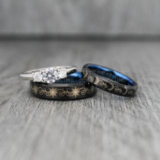 Sun and Moon Rings, Couple Rings, Sun and Moon Wedding Rings, Black Wedding Bands, Couple Jewelry