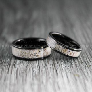 Deer Antler Rings, 2 Piece Couple Set Deer Antler Wedding Bands, Antler Rings, Antler Wedding Rings, Deer Antler Wedding Rings, Black Tungsten Bands, Genuine Deer Antler Inlay Rings