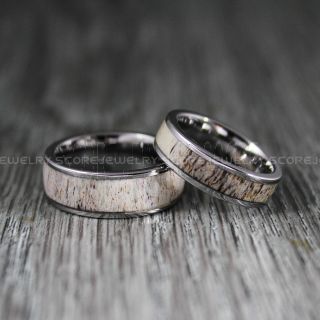 Deer Antler Rings, 2 Piece Couple Set Deer Antler Wedding Bands, Antler Rings, Antler Wedding Rings, Deer Antler Wedding Rings, Silver Tungsten Bands, Genuine Deer Antler Inlay Rings