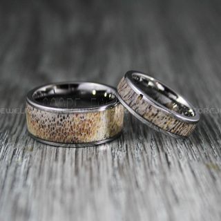 Deer Antler Rings, 2 Piece Couple Set Deer Antler Wedding Bands, Antler Rings, Antler Wedding Rings, Deer Antler Wedding Rings, Silver Tungsten Bands, Genuine Deer Antler Inlay Rings