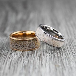 Deer Antler Rings, 2 Piece Couple Set Deer Antler Wedding Bands, Antler Rings, Antler Wedding Rings, Deer Antler Wedding Rings, Silver Tungsten Bands, Genuine Deer Antler Inlay Rings